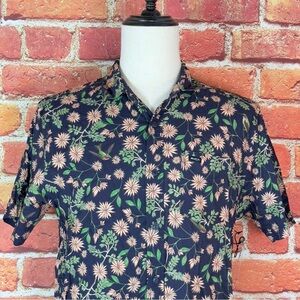 RVCA Men's Floral Button Down Short Sleeve Shirt Navy and Green Mens size Medium